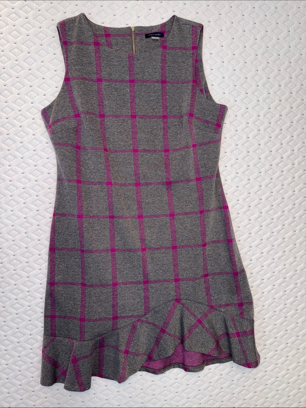 Gray Plaid Sleeveless Ruffle Hem Tommy Hilfiger Dress with Pink Windowpane